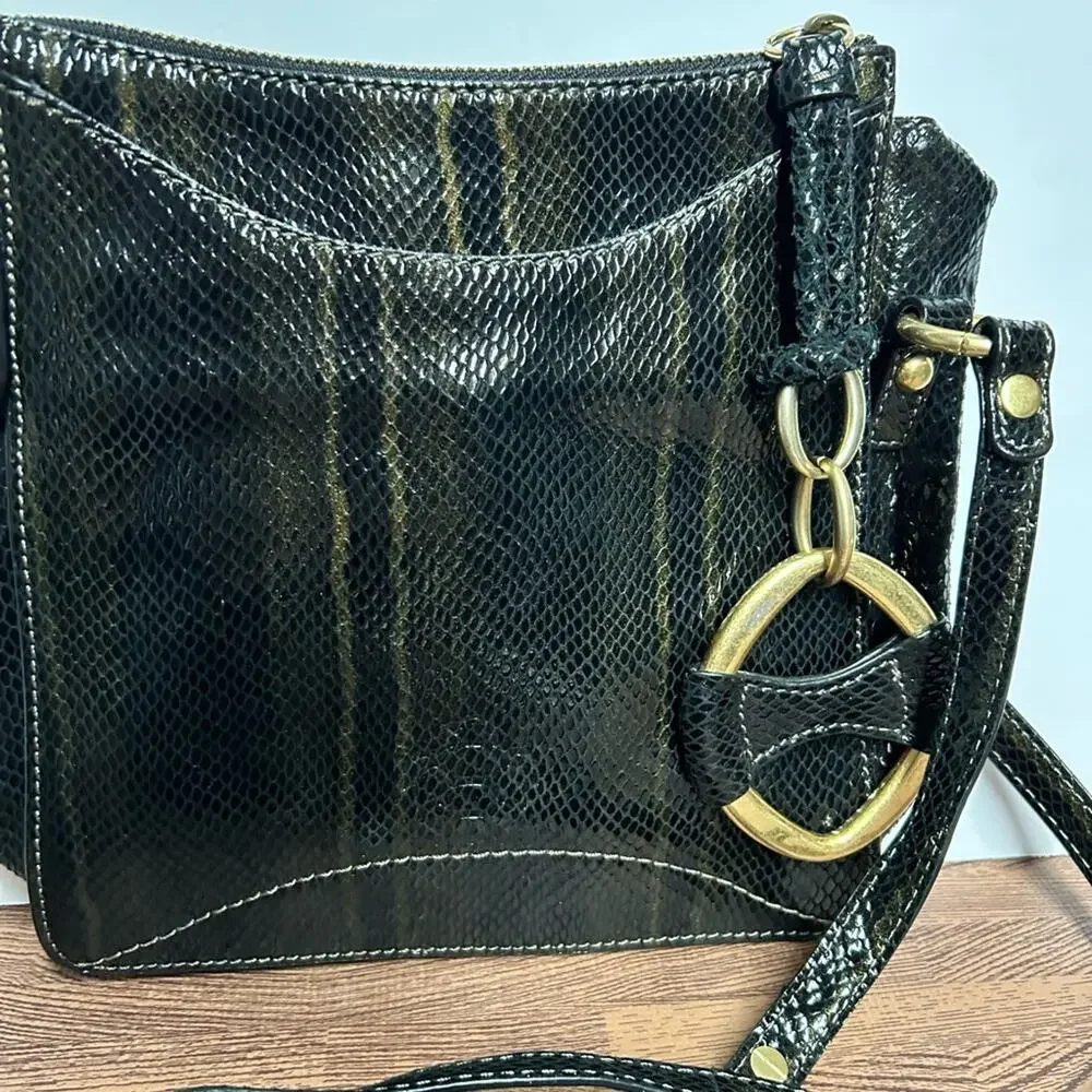 Tortuga Black Leather Snakeskin Embossed Crossbody Bag Gold Ring Accent Turtle